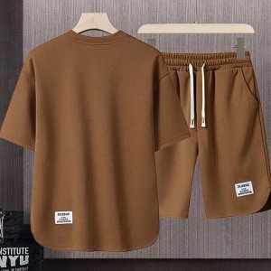 Мужской короткий костюм-двойка (асимметричная футболка + шорты), коричневый