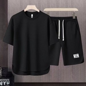 Мужской короткий костюм-двойка (асимметричная футболка + шорты), черный