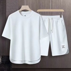 Мужской короткий костюм-двойка (асимметричная футболка + шорты), белый