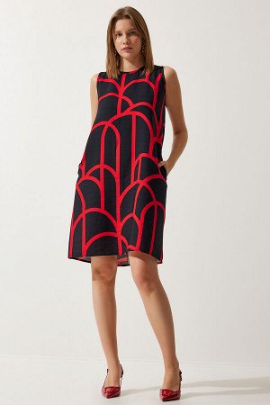 Женское черно-красное летнее платье-трапеция с рисунком BV00053