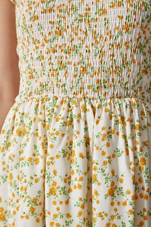 Женское летнее платье из вискозы цвета экрю-желтого цвета с воланами UB00226