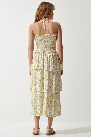 Женское летнее платье из вискозы цвета экрю-желтого цвета с воланами UB00226