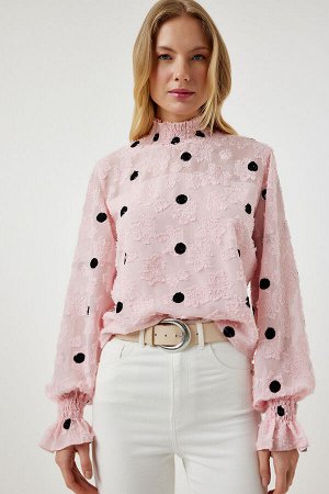 Женская блузка ярко-розового цвета из ткани в горошек TP00020
