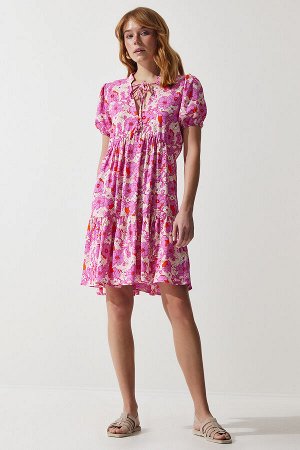 happinessistanbul Женское розовое летнее расклешенное платье из вискозы с цветочным принтом UB00255