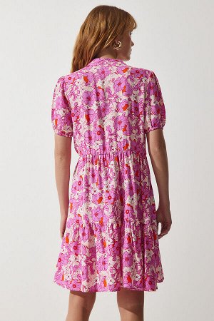 Женское розовое летнее расклешенное платье из вискозы с цветочным принтом UB00255