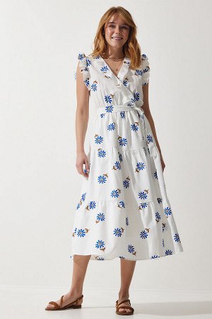Женское белое летнее платье с поясом и рюшами с цветочным принтом DK00165