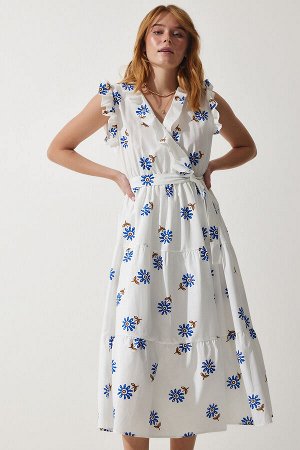 happinessistanbul Женское белое летнее платье с поясом и рюшами с цветочным принтом DK00165
