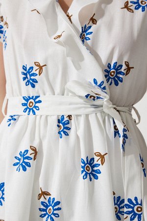 Женское белое летнее платье с поясом и рюшами с цветочным принтом DK00165