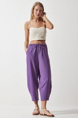 Женские темно-фиолетовые льняные брюки-шалвар из вискозы с карманами CV00001