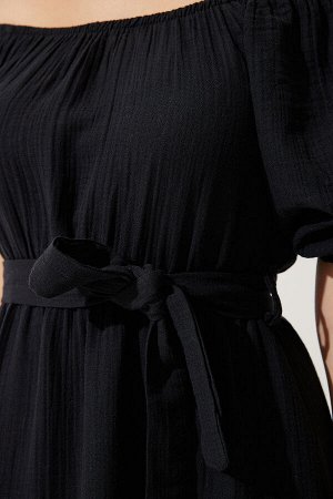 Женское черное летнее муслиновое платье с воротником «кармен» и поясом MX00157