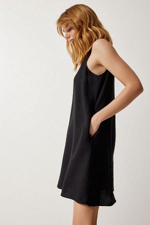 happinessistanbul Женское черное льняное вискозное платье трапециевидной формы без рукавов JH00005