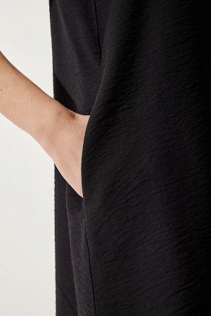 Женское черное льняное вискозное платье трапециевидной формы без рукавов JH00005