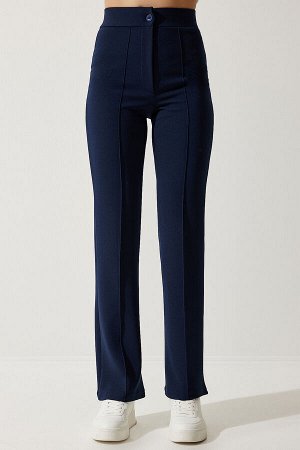 Женские удобные трикотажные брюки из лайкры темно-синего цвета с высокой талией RV00090