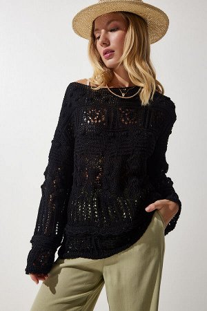 Женский черный ажурный сезонный трикотажный свитер YU00014