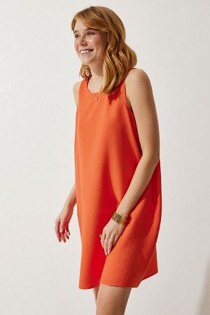 happinessistanbul Женское оранжевое льняное вискозное платье трапециевидной формы без рукавов JH00005