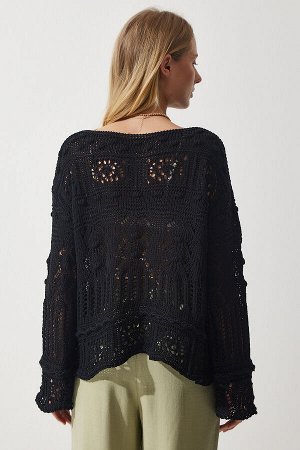 Женский черный ажурный сезонный трикотажный свитер YU00014