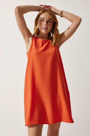 Женское оранжевое льняное вискозное платье трапециевидной формы без рукавов JH00005