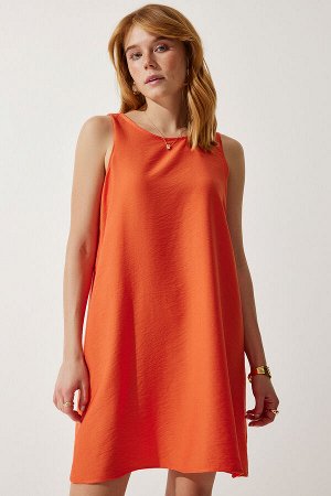 Женское оранжевое льняное вискозное платье трапециевидной формы без рукавов JH00005