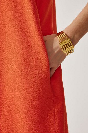 happinessistanbul Женское оранжевое льняное вискозное платье трапециевидной формы без рукавов JH00005