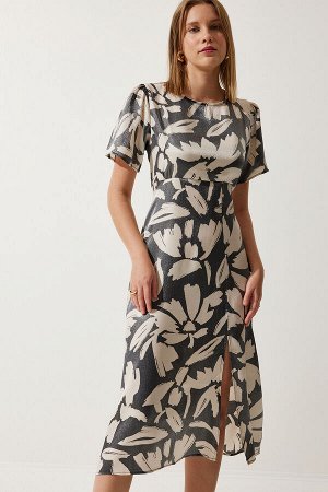 Женское летнее платье из атласа дымчато-кремового цвета с разрезом и разрезом CR00430