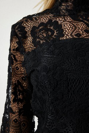 Черная кружевная стильная блузка с высоким воротником TP00022