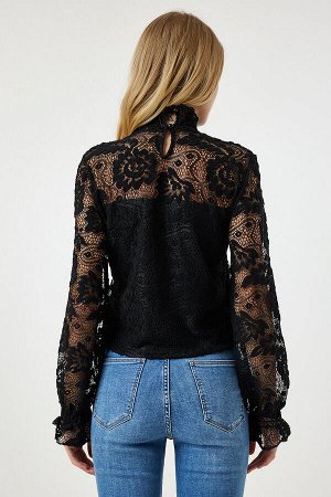 Черная кружевная стильная блузка с высоким воротником TP00022