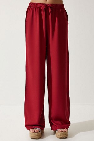 happinessistanbul Женские бордовые струящиеся трикотажные брюки-палаццо EN00610