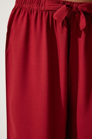 Женские бордовые струящиеся трикотажные брюки-палаццо EN00610