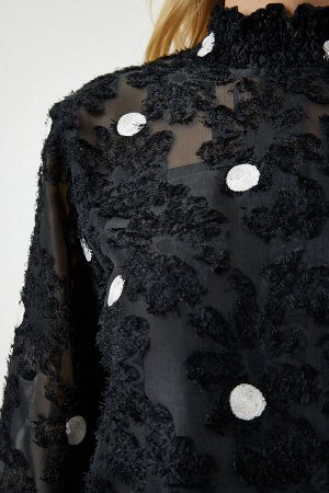 Женская черная блузка из ткани в горошек TP00020