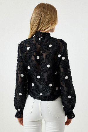 Женская черная блузка из ткани в горошек TP00020