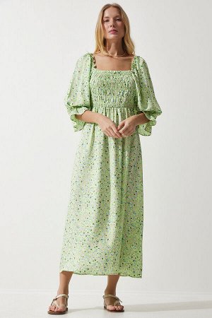 Женское светло-зеленое льняное летнее тканое платье с узором UB00248