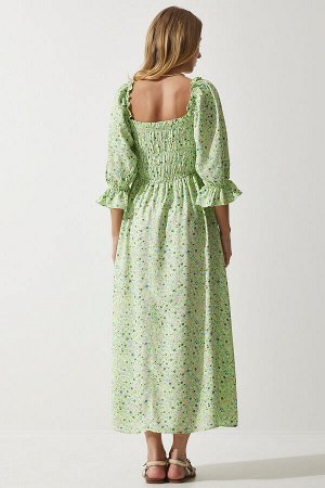 Женское светло-зеленое льняное летнее тканое платье с узором UB00248