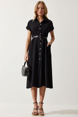 happinessistanbul Женское черное тканое платье с поясом MX00155