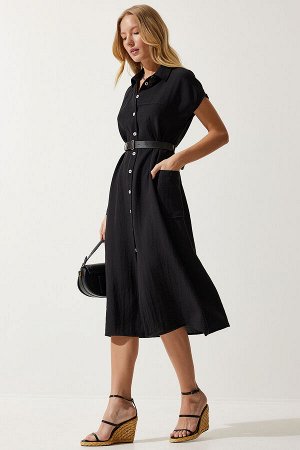 Женское черное тканое платье с поясом MX00155