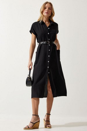 Женское черное тканое платье с поясом MX00155