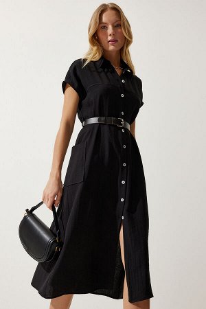 happinessistanbul Женское черное тканое платье с поясом MX00155