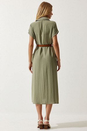 Женское тканое платье цвета хаки с поясом MX00155