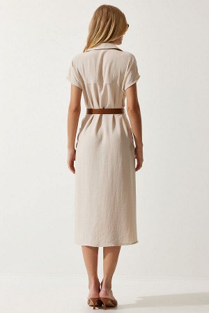 Женское кремовое тканое платье с поясом MX00155