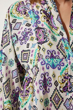 Женское летнее вискозное платье кремового фиолетового цвета с узором на пуговицах CR00429