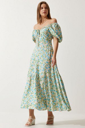 Женское летнее вискозное платье бежево-синего цвета с рисунком и рукавами-фонариками FN03177