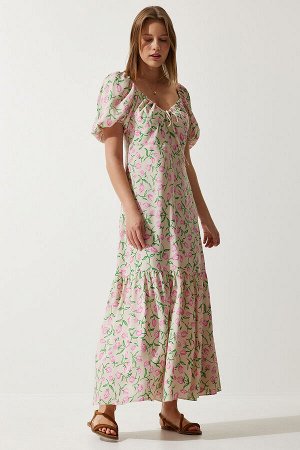 Женское бежевое розовое летнее вискозное платье с рукавами-фонариками FN03177