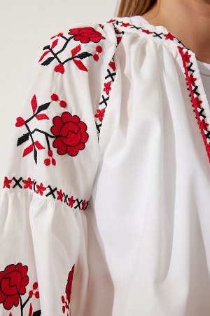 Женская белая блузка из поплина с объемными рукавами и вышивкой ES00158