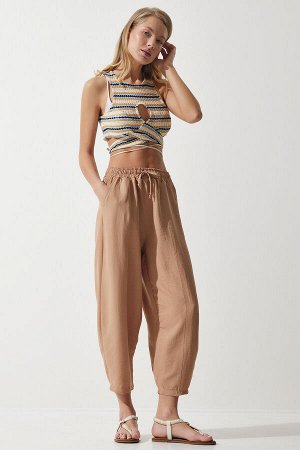 Женские темно-бежевые льняные брюки-шалвар с карманами из вискозы CV00001