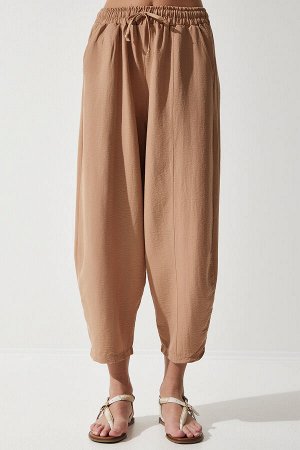 Женские темно-бежевые льняные брюки-шалвар с карманами из вискозы CV00001