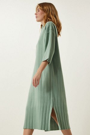 Женское трикотажное платье большого размера с воротником-поло цвета морской волны YY00178