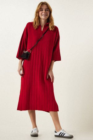 Женское красное трикотажное платье большого размера с воротником-поло YY00178