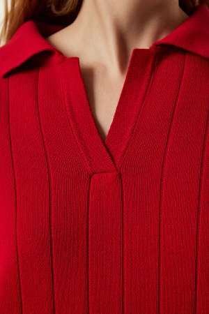 Женское красное трикотажное платье большого размера с воротником-поло YY00178