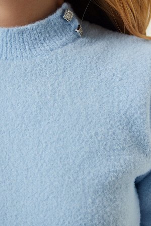 Женская сезонная трикотажная блузка небесно-голубого цвета с мягкой текстурой PF00065