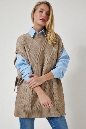 happinessistanbul Бежевый вязаный свитер оверсайз с завязками YG00104
