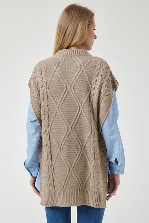 Бежевый вязаный свитер оверсайз с завязками YG00104